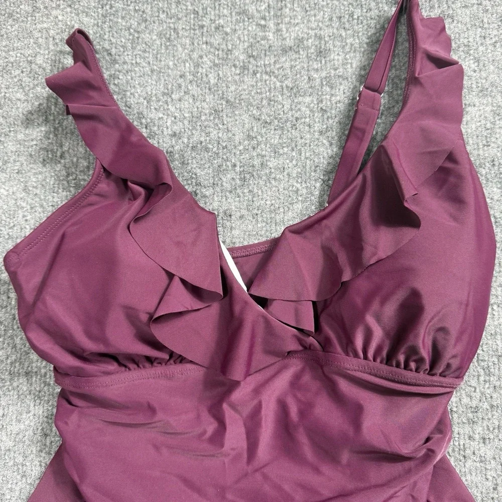 Plum Purple Ruffle One Piece Swimsuit Ruched Tummy‎ Control V-Neck Bathing Suit